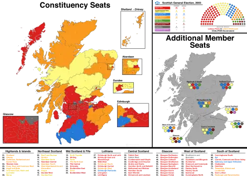 A map showing the constituency winners of the Election by their party colours.