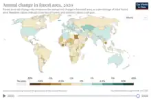 This screen shot shows a map that highlights countries based on their net change rate of forest area. Areas that appear more blue have a higher net change rate than areas that appear tan. Brown areas indicate a net loss of forest area.