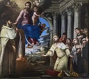 The allegory of Venice in Doge's clothes kneeling before the Virgin. Scuola Grande dei Carmini