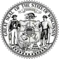 The current state seal of Wisconsin, adopted in 1881.