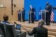 Secretary Blinken and Secretary Austin with NATO Secretary General Jens Stoltenberg in Brussels, Belgium, April 2021