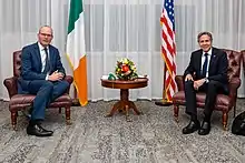 Secretary Blinken with Irish Minister for Foreign Affairs and Defence Simon Coveney at Shannon International Airport, May 2021