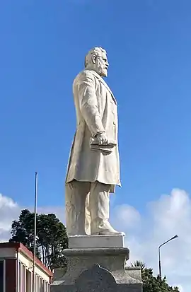 statue of a standing man, positioned in front of a building