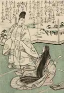 Painting of a standing man and a seated woman looking at each other