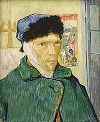 Self-portrait with Bandaged Ear, Easel and Japanese Print, January 1889Oil on canvas, 60 × 49 cmCourtauld Institute Galleries, London (F527)