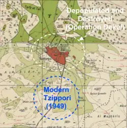 1940s Survey of Palestine map showing historical Sepphoris (Saffuriyya) in red, just prior to its depopulation in Operation Dekel, relative to the location of modern Tzippori.