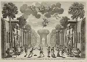 Set design for Pierre Corneille's 1650 Andromède, noted for its stage effects: Act 2, where Aeolus and eight winds lift Andromeda into the clouds, with thunder and lightning