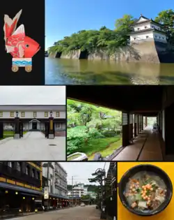 Clockwise from top: Shibata Castle, Shimizuen garden, Zoni, Tsukiokaonsen, JGSDF Camp Shibata, Kingyo Daiwa