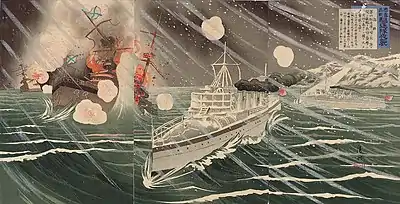 An ukiyo-e print of the night attack on Port Arthur by the Japanese Navy. The surprise attack was made possible by the intelligence gathering of Reilly and Ho Liang Shung.