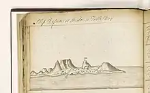 Sketch of Cape Town from the East India Company Ship Defense, en route from the Downs to Bombay, anchored in Table Bay on January 24, 1739.