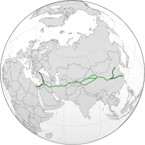 Map of Eurasia with drawn lines for overland routes