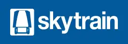 A logo with a blue background, a white icon of a train and white text that says "skytrain" in lowercase letters