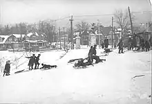 group of people, some on toboggans, on snowy white hillside