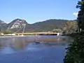 Rafting on the river, with the border bridge in the background