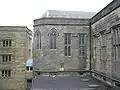 The exterior of the Sodality Chapel, right. The New Quadrangle, left.