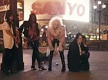 Soho Roses in Piccadilly Circus, London, 1989, (L–R) Julien 'Dean' Parkin, Pat 'Panache' Walters, Paul 'Blittz' Toombs, Andy J 'DeGray' Davies