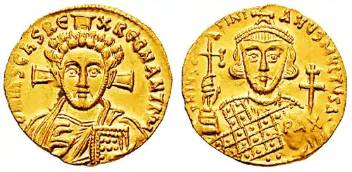 Jesus depicted on an early 8th-century Byzantine coin. After the Byzantine iconoclasm all coins had Christ on them.