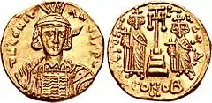 Obverse and reverse of gold coin, with a crowned bearded man carrying a spear over his shoulder on the first, and two standing, robed and crowned men carrying globus crucigers on either side of a cross on a pedestal on the second