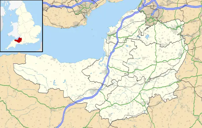 Map of Somerset, with a red dot showing the position of Bath in the north east corner