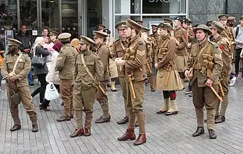 People dressed as 1st World War soldiers as part of the commemoration of the battle of the Somme. The word khaki means "earth" in the Persian language.