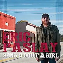 The cover shows a ginger-bearded man wearing a green shirt and shirt jacket, blue jeans and a grey hat, against a small town background. The artist's name and song title are colored red and white respectively.