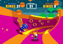 From a third-person perspective, Sonic and Tails run through a pink-and-orange halfpipe while collecting golden rings.