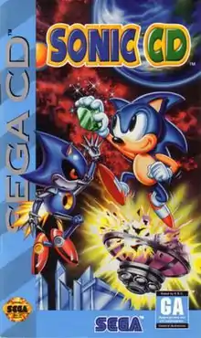 Cover art depicting Sonic fighting Metal Sonic for one of the Time Stones. The game's logo is shown atop the two; the Sega CD banner is on their left; and beneath them is the Sega logo, Seal of Quality, and the game's rating.