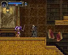 A screenshot, showing the player encountering a headless knight and two flying, large books, in a library area.