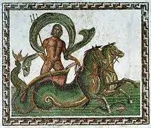 Triumph of Neptune standing on a chariot pulled by two sea horses; mid-3rd century; Sousse Archaeological Museum (Tunisia)