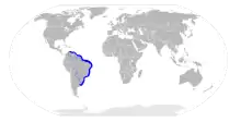 World map with blue shading along the eastern coast of South America from Venezuela to Uruguay