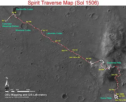 Rover Map of Spirit's route on Mars (Sol 1509, April 2, 2008) (Archive to Sol 2555, March 15, 2011 Current).