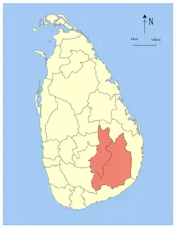 Map indicating the extent of Uva Province within Sri Lanka