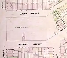 St. John's Burial Ground in 1854.The handwritten note on the one house in the blank area between Clarkson, Leroy and Hudson Streets says "E.A. Poe 113 1/2"