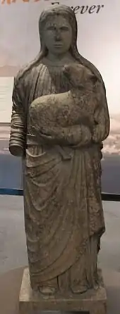 A statue of Saint Agnes that survived the atomic bombing of Nagasaki, formerly of Urakami Cathedral, now on display at the United Nations Headquarters