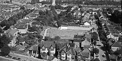 The church from Southend Victoria railway station in the 1950s