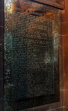 Tablet in the north aisle with list of Grosvenors buried in the old church (now part of the Old Churchyard)