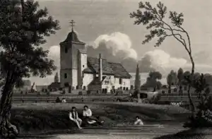 Black-and-white engraving of a church in the background, with a river flowing in the front. Two people are sitting on the bank and one is swimming. Trees frame the picture.