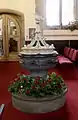 Oval marble font made before 1686, St Robert's Church, Pannal, North Yorkshire.