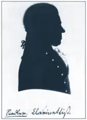 profile silhouette of clean-shaven man in late 18th-century dress with short wig