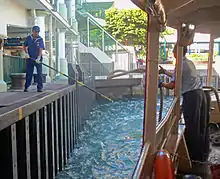 A man at the front of a large boat throws a rope to another man on a nearby pier wearing a blue sailor uniform who is holding a long pole with a hook at the rear to catch it