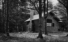 A cottage with a chimney stands in the woods.