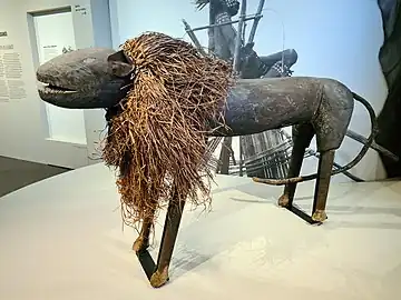 Emumu statue representing a lion, made of wood and plant fibres, Lyembe culture, western Congo, c. 1951