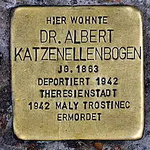 Stolperstein in memory of Albert Katzenellenbogen in front of the location of the former Frankfurt branch (and former head office of Mitteldeutsche Creditbank) at Neue Mainzer Strasse 32