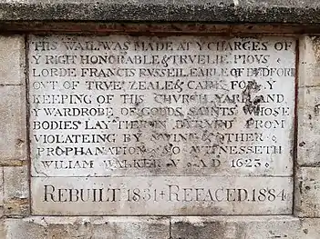 Stone recording St Nicholas Churchyard wall rebuilt 1623, 1831, 1884