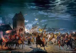 The Assault on Copenhagen in 1659 by Frederik Christian Lund, 1887, Det Nationalhistorike Museum, Frederiksborg. The Danish king can be seen on a bright white horse, surrounded by Danish troops in red coats mounted on brown horses. There is fire and explosions lighting up the night sky