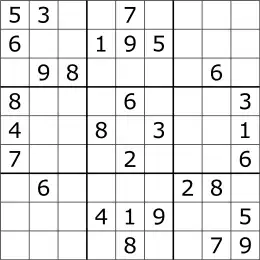 A typical Sudoku puzzle, a 9x9 grid with several numbers missing