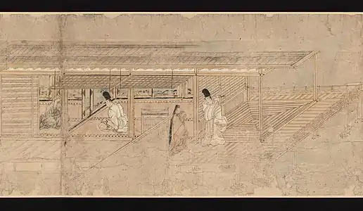 Transition from Shinden style to Shoin style. Between the young man and the seated nun, sliding fusuma; behind them, non-sliding fusuma. On the young man's side, hajitomi shutters, horizontally split, with the upper half held up by hooks. On the nun's side, there are diagonally-planked sliding maira-do. Behind the young man speaking with the maidservant, similar non-sliding panels.