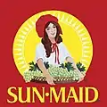 Brighter colors and a geometric sun modernizes the logo, with the brand’s name now printed in yellow, for a warmer, sunnier feel. This Sun-Maid Girl continues on packaging into the 21st century.