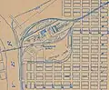 Map of Sacramento, California in 1880 with Sutter Lake and Central Pacific RR station; China Slough had been cut off from the Sacramento River (left) in 1880.