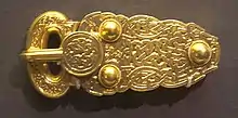 Buckle of Sutton Hoo; 580–620; gold and niello; length: 13.1 cm; British Museum (London)